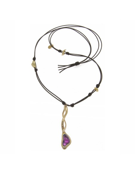 COLLAR LARGO CON CUERO ORO812